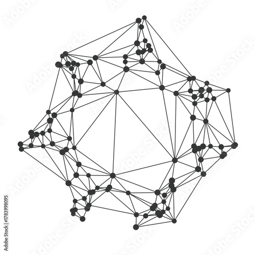 Modern polygonal network structure with connected dots forming a circular abstract donut shape ideal for technology science data visualization and digital backgrounds vector illustration