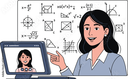 Online math lesson cartoon illustration, symbolic STEM instruction and expressive virtual teaching artwork for design and education