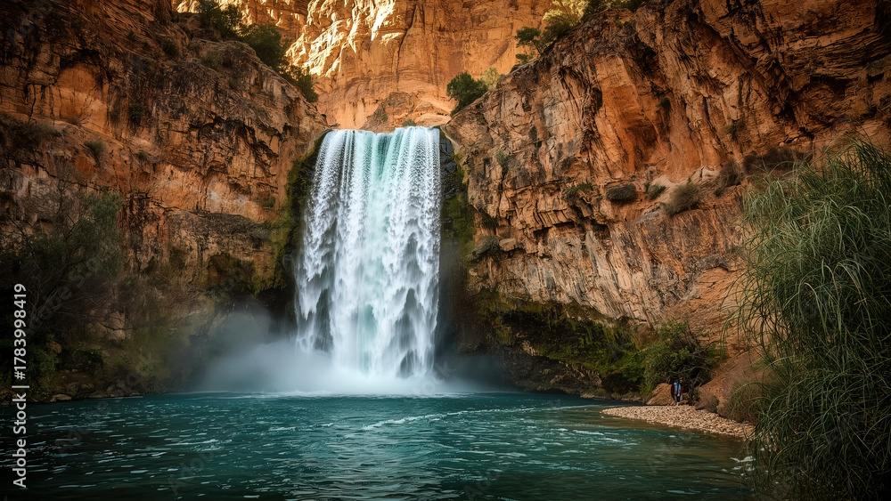 Naklejka premium Havasu falls Grand Canyon waterfall on native American land with natural rock formations and flowing water
