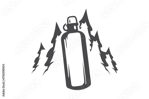 A water bottle sits centrally, framed by stylized mountain peaks in grayscale