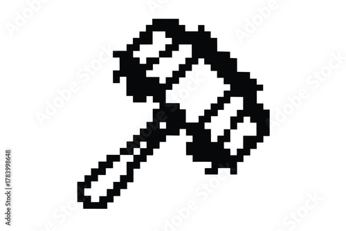 Black and white pixel art presents an old mallet for games and artwork