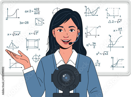 Virtual math tutorial cartoon illustration, symbolic STEM teaching and expressive online education artwork for design and learning