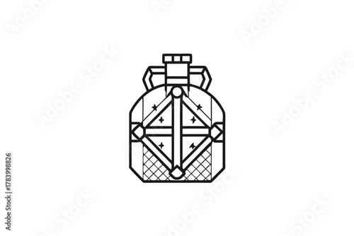 Black outline drawing shows decorative canteen with star accents and geometric pattern