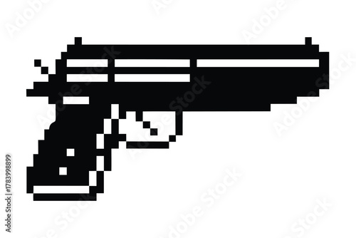 Black pistol rendered in pixel art style presents a clear and crisp illustration