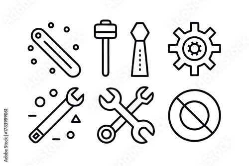 Set of six line art icons representing tools and mechanical elements on a white background