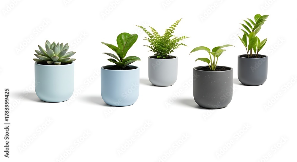 Obraz premium Assortment of small potted houseplants isolated on white background