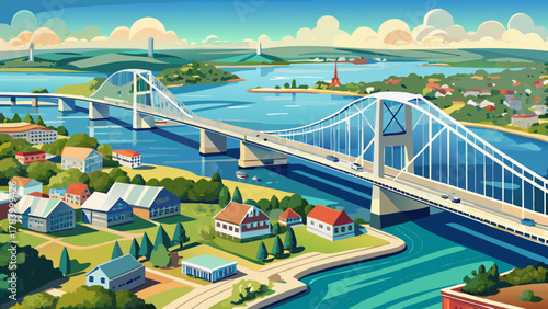 Very beautiful aerial view of the Fore River Bridge spanning the Weymouth Fore River between Quincy and Weymouth, Massachusetts, USA, featuring the bridge structure, calm river waters, and a realistic