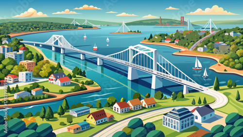 Very beautiful aerial view of the Fore River Bridge spanning the Weymouth Fore River between Quincy and Weymouth, Massachusetts, USA, featuring the bridge structure, calm river waters, and a realistic