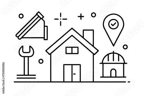 Construction and Home Improvement Icons with House and Tools building