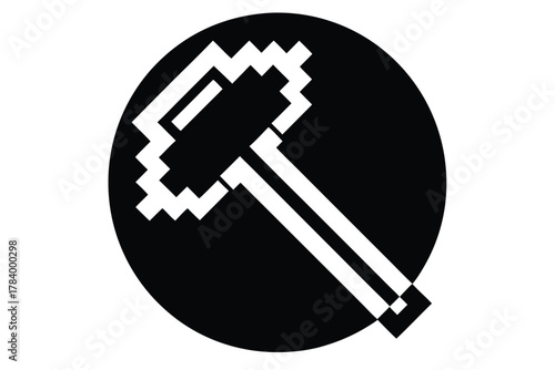 Hammer tool presented in geometric, pixelated style against a contrasting black circle backdrop gives an industrial feel