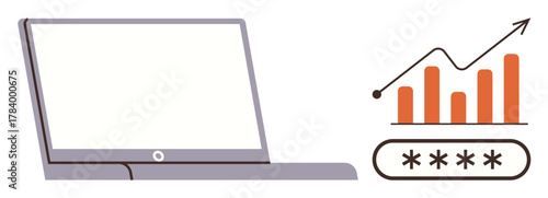 Laptop adjacent to bar graph with upward trend and password input. Ideal for data analytics, cybersecurity, technology, growth tracking, business, online protection, and corporate strategy. Simple