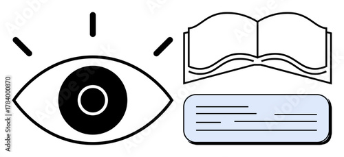 Eye symbol with radiating lines for focus, open book for reading, text block for communication. Ideal for education, focus, vision, insight, knowledge sharing creativity research. Simple flat