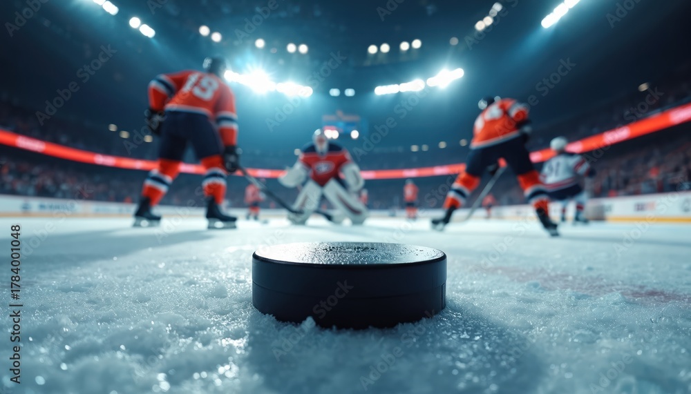 Fototapeta premium Close-up of ice hockey puck on frozen rink during game night. Players skate fast in background. Intense action and crowd energy fill the arena. Winter sport excitement captured in sharp focus.