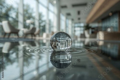Glass sphere floating on water indoors