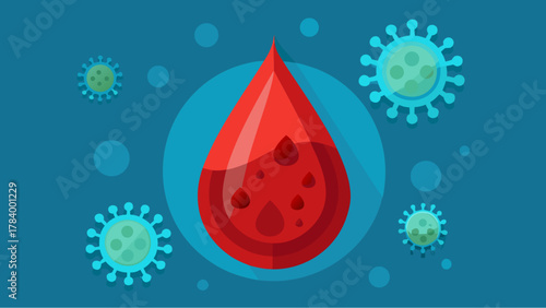 Flat style illustration of a red blood drop surrounded by virus cells, representing infection, disease, or immune system response