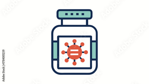 Flat style icon of a medicine bottle with a virus symbol on the label, representing antiviral treatment or vaccine