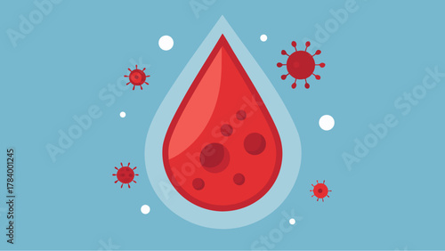 Flat illustration of a red blood drop surrounded by red virus particles on a light blue background, symbolizing infection or disease