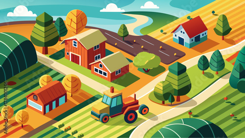 Colorful cartoon farm landscape with fields, barns, tractor, trees, and a winding road by a river under a sunny sky
