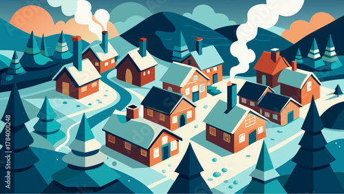 Cozy winter village illustration with snow-covered rooftops, smoking chimneys, pine trees and mountain landscape at sunset