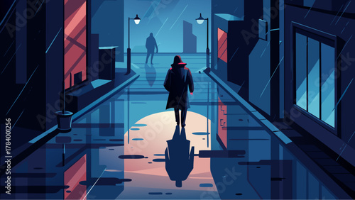 Mysterious figure in a trench coat walking through a dark rainy alley at night, with another shadowy figure in the distance