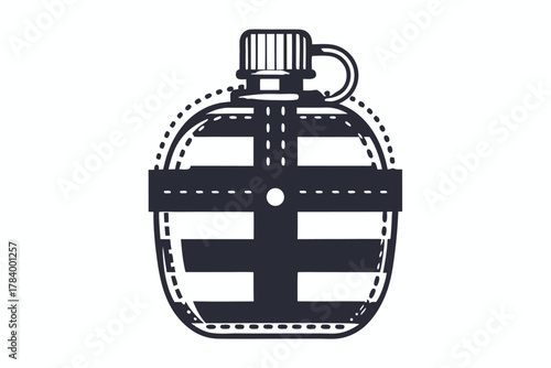 Isolated monochrome canteen shows dotted outline and solid horizontal bands crossing its container body