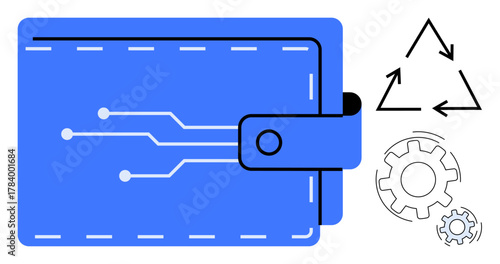 Blue wallet with circuit lines, black recycling triangle, and white gear icons. Ideal for tech, finance, sustainability, digital economy, online payment blockchain futurism. Simple flat metaphor