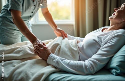 Woman receiving care from a nurse in a hospital bed