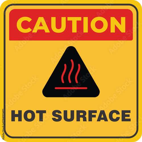 Hot Surface Warning Sign | Yellow and Red Safety Symbol for Workplace Hazard Communication | hot surface warning sign board design, caution hot surface safety label for industrial and kitchen 