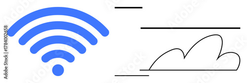 Blue wireless signal icon beside abstract cloud with lines suggesting connectivity. Ideal for technology, networking, cloud computing, data sharing, internet access, wireless communication, simple