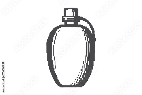 Monochrome retro canteen bottle rendered using pixel art provides nostalgia and simplistic design