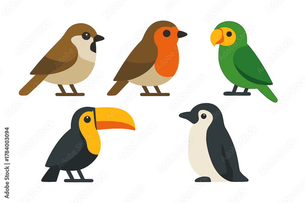 Naklejka premium Collection of five stylized cartoon birds including sparrow robin parrot toucan and penguin