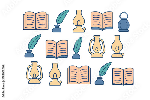 Antique writing tools and oil lamps flat design icons collection