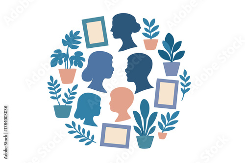 Silhouettes of family members and potted plants forming a circular arrangement