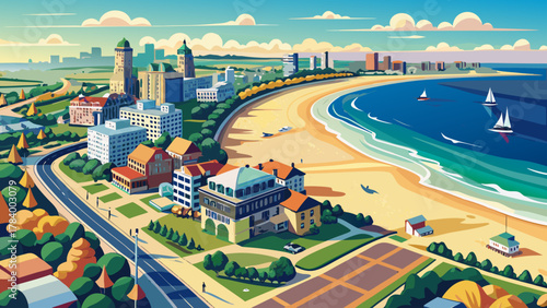 Very beautiful aerial view of Revere Beach and its historic coastal area in spring, in the city of Revere near Boston, Massachusetts, USA, featuring sandy shoreline, calm ocean waters, and a realistic