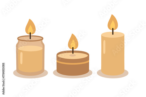 Three lit candles with warm yellow flames against a white background