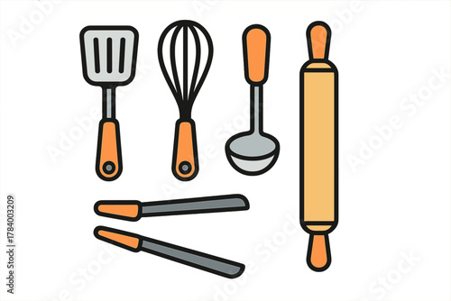 Essential kitchen cooking utensils icons featuring vibrant orange handles