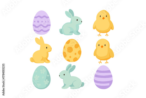 Watercolor style Easter icons set featuring bunnies chicks and decorated eggs