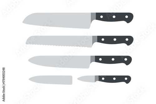 Set of four kitchen knives with black handles isolated on white background