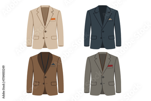 Four men's sport coats with contrasting pocket squares in various colors