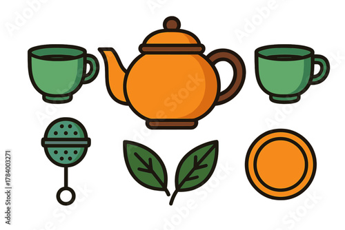 Tea set icons featuring teapot cups infuser and loose leaves