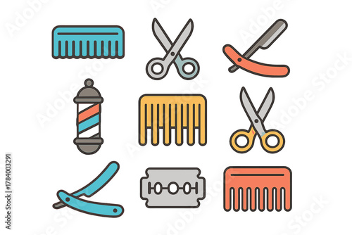 Colorful flat icons set of essential barber shop tools and equipment