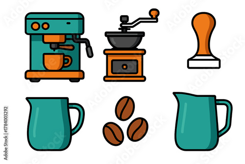 Set of stylized icons for coffee preparation tools and roasted beans