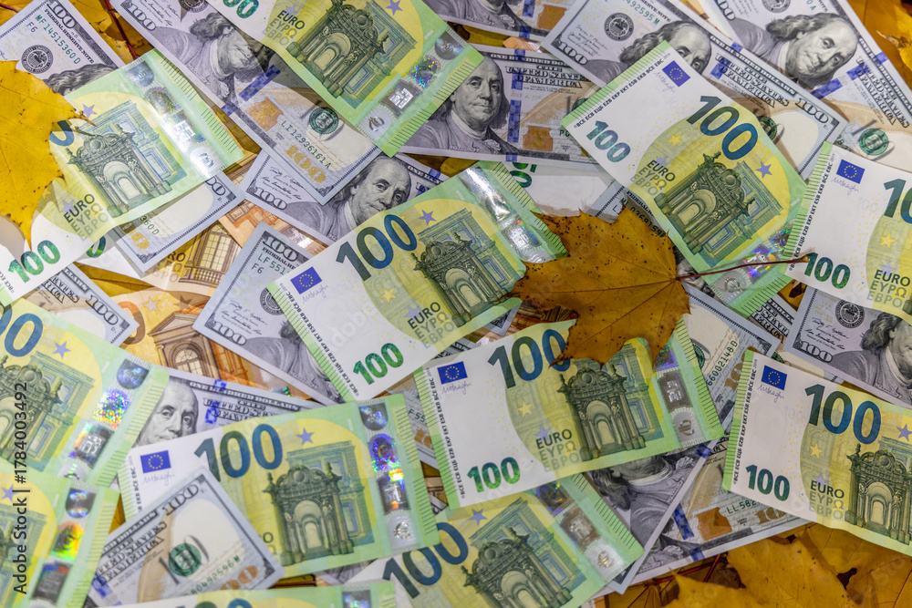 Fototapeta premium US dollar and Euro banknotes scattered on autumn leaves featuring currency details, texture and fall colors representing finance, economy, inflation, banking, investment and seasonal concept. Currency