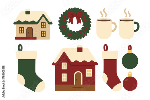 Set of cozy winter holiday icons featuring snow covered houses and hot beverages