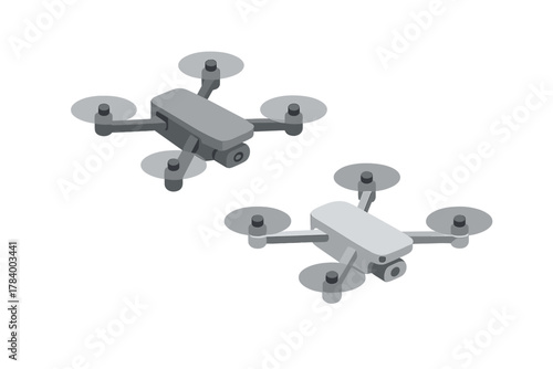 Isometric gray quadcopter drones flying in a pair