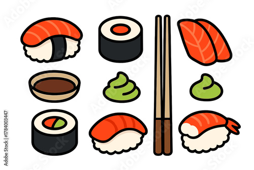 Set of sushi rolls nigiri sashimi soy sauce and wasabi icons