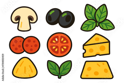 Colorful pizza topping icons featuring mushroom, olive, and various cheeses