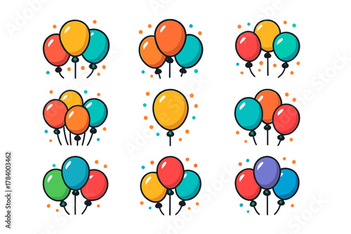 Assorted colorful balloon clusters and individual floating icons with confetti