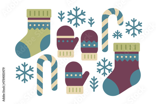 Set of winter holiday icons including stockings mittens and candy canes