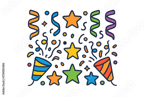 Brightly colored party poppers streamers and confetti explosion elements